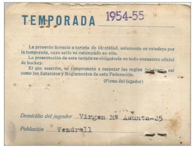 Fitxa de la Federació Catalana d’Hoquei de la temporada 1954-1955, corresponent a Rafel Alcalà Vendrell