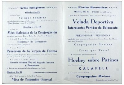 Programa d’actes de la Congregación Mariana amb motiu de la festivitat de Sant  Lluís de  Gonzaga, el 21 de juny de 1955